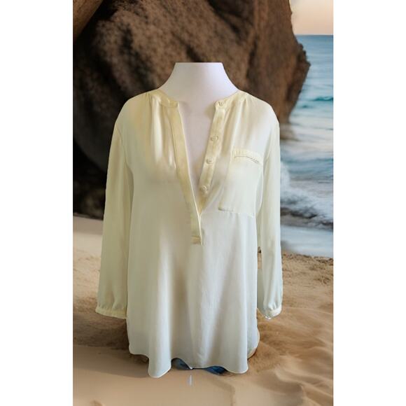 NYDJ Henley Pleat Blouse Small White Casual Business Resort Vacation Spring Top - Picture 1 of 10